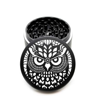 USA Made The Puck® Grinder: Horned Owl Mandala – 90mm Black Metal Weed Crusher (3-Piece)